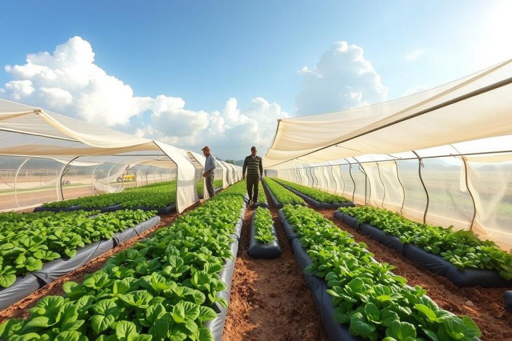 A detailed image showcasing a small-scale agricultural setup featuring micro greenhouses covered with shade cloths to protect against extreme weather conditions. In the foreground, vibrant green crops are perfectly arranged inside the micro greenhouses, demonstrating effective water drip irrigation systems. The middle ground reveals a series of connected micro greenhouses, each with clear plastic walls and shaded roofs, while a few farmers in modest casual clothing are inspecting the plants. In the background, a sun-drenched landscape contrasts with billowing clouds, hinting at climate extremes. Use soft, natural lighting to create a warm atmosphere, capturing the essence of innovation and resilience in agriculture. The angle should offer a panoramic view, emphasizing the scale and interconnectivity of the greenhouses. A detailed image showcasing a small-scale agricultural setup featuring micro greenhouses covered with shade cloths to protect against extreme weather conditions. In the foreground, vibrant green crops are perfectly arranged inside the micro greenhouses, demonstrating effective water drip irrigation systems. The middle ground reveals a series of connected micro greenhouses, each with clear plastic walls and shaded roofs, while a few farmers in modest casual clothing are inspecting the plants. In the background, a sun-drenched landscape contrasts with billowing clouds, hinting at climate extremes. Use soft, natural lighting to create a warm atmosphere, capturing the essence of innovation and resilience in agriculture. The angle should offer a panoramic view, emphasizing the scale and interconnectivity of the greenhouses.