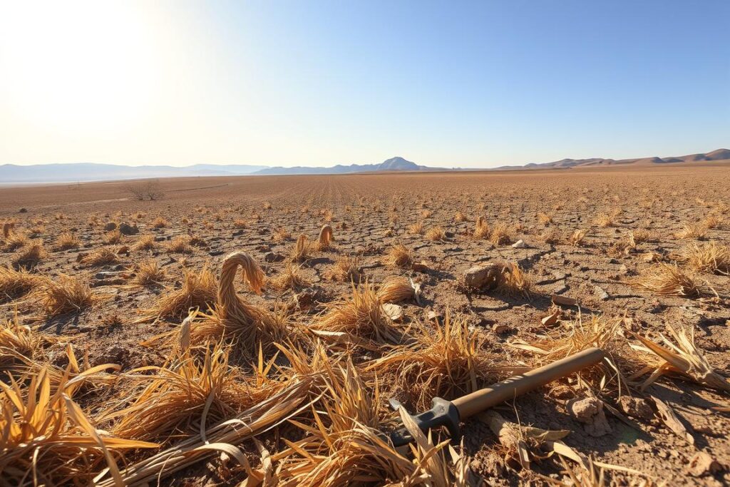 A dry, arid landscape illustrating the extreme vulnerability to drought and scorched pastures. In the foreground, wilting, brown grass reveals the effects of intense heat, with a few drooping, sun-bleached plants. In the middle ground, barren patches of land show cracked earth, emphasizing the lack of moisture. A few small farming tools, abandoned, lie prone, indicating struggles faced by farmers. The background features distant hills under a glaring, harsh sun illuminating the scene, creating stark shadows. The overall mood is one of desperation and struggle against nature's harshness, evoking concern for small property owners. The image should be captured with a wide-angle lens to encompass the full extent of the desolation, with high contrast to highlight the dryness.