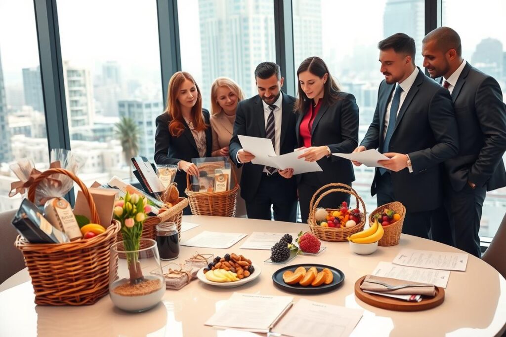 A modern office setting showcasing a professional meeting discussing premium basket sales contracts for urban condominiums. In the foreground, an elegant table with a variety of luxury food baskets, neatly arranged, with contract documents laid out. Middle ground features diverse business professionals in smart attire, engaged in animated discussion and pointing at the contracts. The background shows large windows with a cityscape view, highlighting urban living. Soft, natural lighting filters through the glass, illuminating the scene with a warm, inviting glow. The mood is dynamic and collaborative, reflecting the theme of logistics and direct sales, emphasizing efficiency and innovation in distribution. A modern office setting showcasing a professional meeting discussing premium basket sales contracts for urban condominiums. In the foreground, an elegant table with a variety of luxury food baskets, neatly arranged, with contract documents laid out. Middle ground features diverse business professionals in smart attire, engaged in animated discussion and pointing at the contracts. The background shows large windows with a cityscape view, highlighting urban living. Soft, natural lighting filters through the glass, illuminating the scene with a warm, inviting glow. The mood is dynamic and collaborative, reflecting the theme of logistics and direct sales, emphasizing efficiency and innovation in distribution.