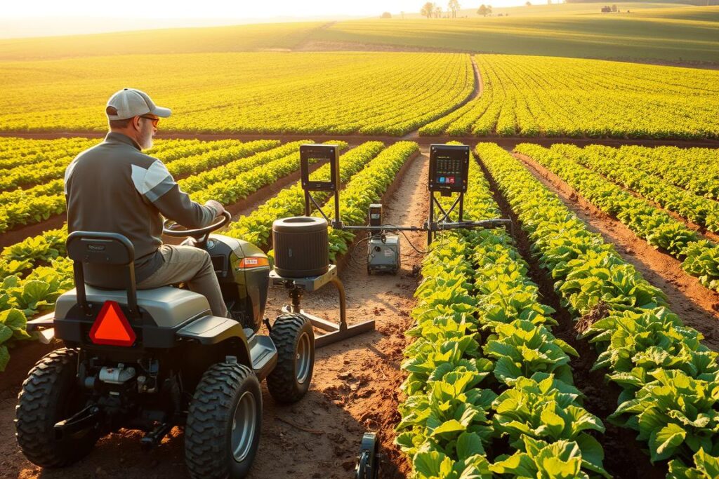 A modern precision horticulture scene showcasing small-scale farmers using micro-tractors and compact implements. In the foreground, a farmer in professional attire is skillfully operating a sleek micro-tractor with advanced controls, surrounded by vibrant rows of meticulously cultivated vegetables. In the middle ground, various compact gardening tools and automated systems are on display, illustrating their use in high-precision agriculture. The background features a lush, green landscape bathed in warm, golden sunlight, creating a hopeful and productive atmosphere. The angle captures the essence of efficient technology in action, emphasizing the harmony between machinery and nature. The scene should evoke a sense of innovation and sustainability, highlighting the benefits of precision agriculture without any text or distractions. A modern precision horticulture scene showcasing small-scale farmers using micro-tractors and compact implements. In the foreground, a farmer in professional attire is skillfully operating a sleek micro-tractor with advanced controls, surrounded by vibrant rows of meticulously cultivated vegetables. In the middle ground, various compact gardening tools and automated systems are on display, illustrating their use in high-precision agriculture. The background features a lush, green landscape bathed in warm, golden sunlight, creating a hopeful and productive atmosphere. The angle captures the essence of efficient technology in action, emphasizing the harmony between machinery and nature. The scene should evoke a sense of innovation and sustainability, highlighting the benefits of precision agriculture without any text or distractions.