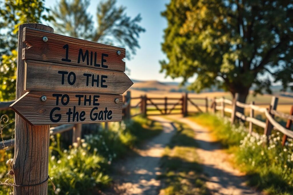 A rustic country road bordered by lush greenery leads to a traditional gate, symbolizing a small property. In the foreground, weathered wooden signage is prominently displayed, featuring hand-painted arrows pointing to 