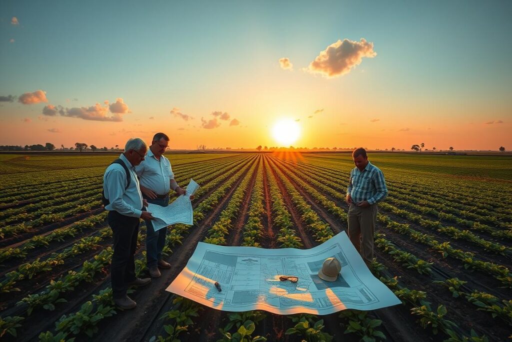 A serene agricultural landscape reflecting the concept of structured planning. In the foreground, a diverse group of farmers in professional attire are collaboratively examining a detailed map and planning their crop layout. The middle ground showcases neatly organized fields divided into distinct phases of growth, each representing a different stage in the planting process. In the background, the sun sets, casting a warm golden light over the scene, creating long shadows and adding depth. Fluffy clouds linger in the sky, enhancing the calm atmosphere. Capture this image with a wide-angle lens for expansive detail, emphasizing the harmony between nature and meticulous planning. A serene agricultural landscape reflecting the concept of structured planning. In the foreground, a diverse group of farmers in professional attire are collaboratively examining a detailed map and planning their crop layout. The middle ground showcases neatly organized fields divided into distinct phases of growth, each representing a different stage in the planting process. In the background, the sun sets, casting a warm golden light over the scene, creating long shadows and adding depth. Fluffy clouds linger in the sky, enhancing the calm atmosphere. Capture this image with a wide-angle lens for expansive detail, emphasizing the harmony between nature and meticulous planning.