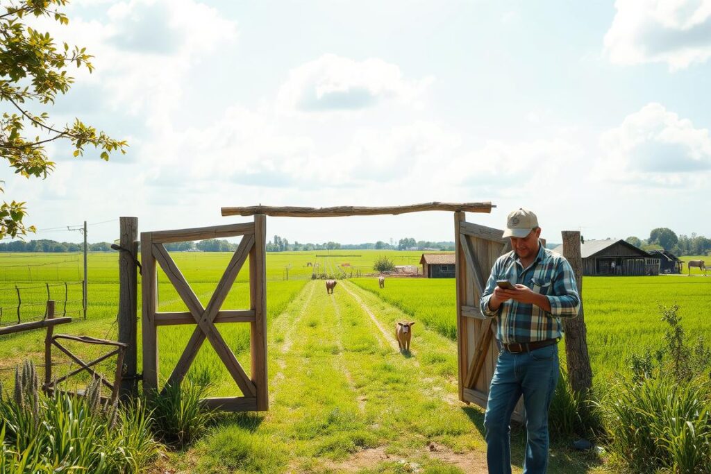A serene rural landscape featuring a small farm with a rustic wooden gate that symbolizes a transition into a business space. In the foreground, a farmer in modest casual clothing is seen interacting with a smartphone, demonstrating the process of registering the rural property on Google Maps. The middle ground showcases lush fields and a few farm animals, creating a sense of organic farming. The background depicts a bright, sunny sky with fluffy clouds, conveying a hopeful atmosphere. The lighting is soft and natural, enhancing the vibrant green of the fields and the earthy tones of the gate and farm structures. Use a wide-angle lens to capture the expanse of the property, focusing on the connection between the rural setting and digital engagement.