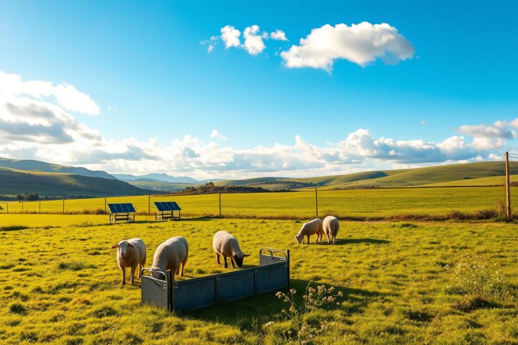 A serene rural landscape showcasing the Voisin Rational Grazing system in action. In the foreground, a small group of mobile fencing panels creates distinct grazing areas for livestock, with a few sheep and goats peacefully grazing. Middle ground features a solar-powered electric fence providing safe boundaries, surrounded by lush green pastures dotted with wildflowers. The background reveals rolling hills under a bright blue sky with soft, fluffy clouds, enhancing the tranquil atmosphere. The scene is bathed in warm, golden sunlight, highlighting the vibrant colors of nature. Capture this idyllic rural setting from a slightly elevated angle to provide depth, conveying a sense of harmony between technology and sustainable agriculture.