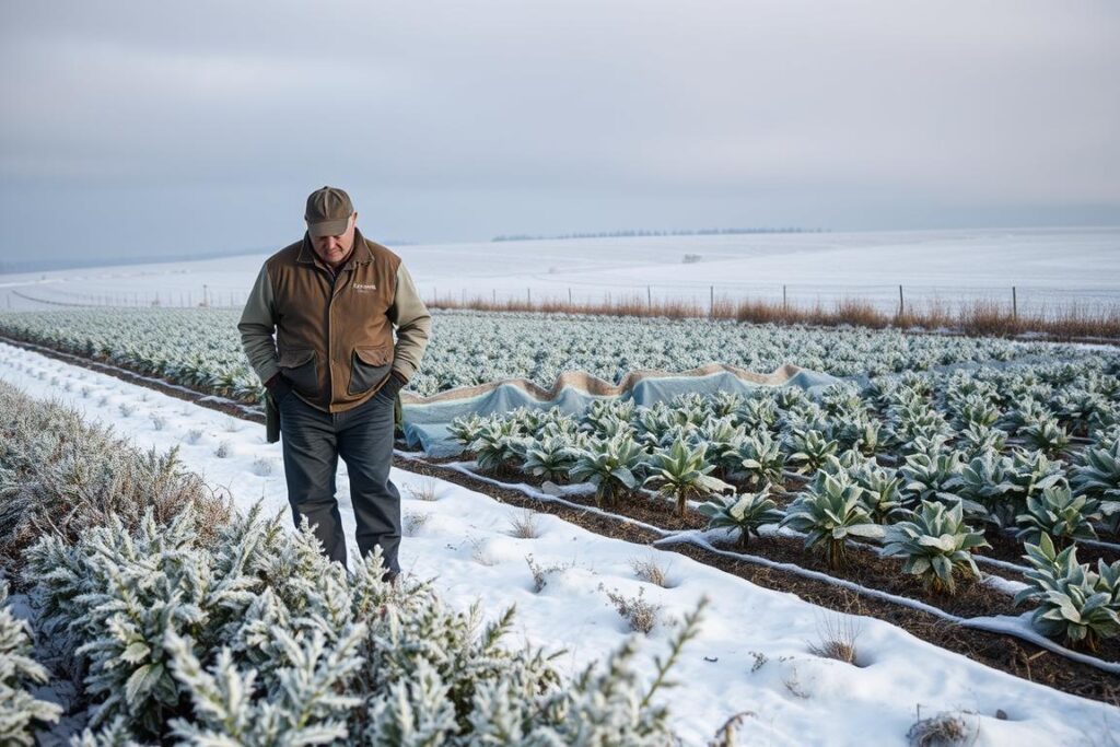 A small farm scenario depicting common mistakes made by small producers when confronting frost. In the foreground, a worried farmer, dressed in practical casual clothing, inspects frost-damaged plants. In the middle ground, there are rows of young crops partially covered with makeshift frost protection, like blankets or plastic sheeting, demonstrating insufficient protection strategies. The background features a wintry landscape, with a frost-covered field under a muted grey sky, emphasizing the chilling atmosphere of an early winter morning. Soft, diffused light illuminates the scene, casting gentle shadows to evoke a sense of concern and urgency. Overall, the image should convey a mood of cautious determination in the face of cold challenges.