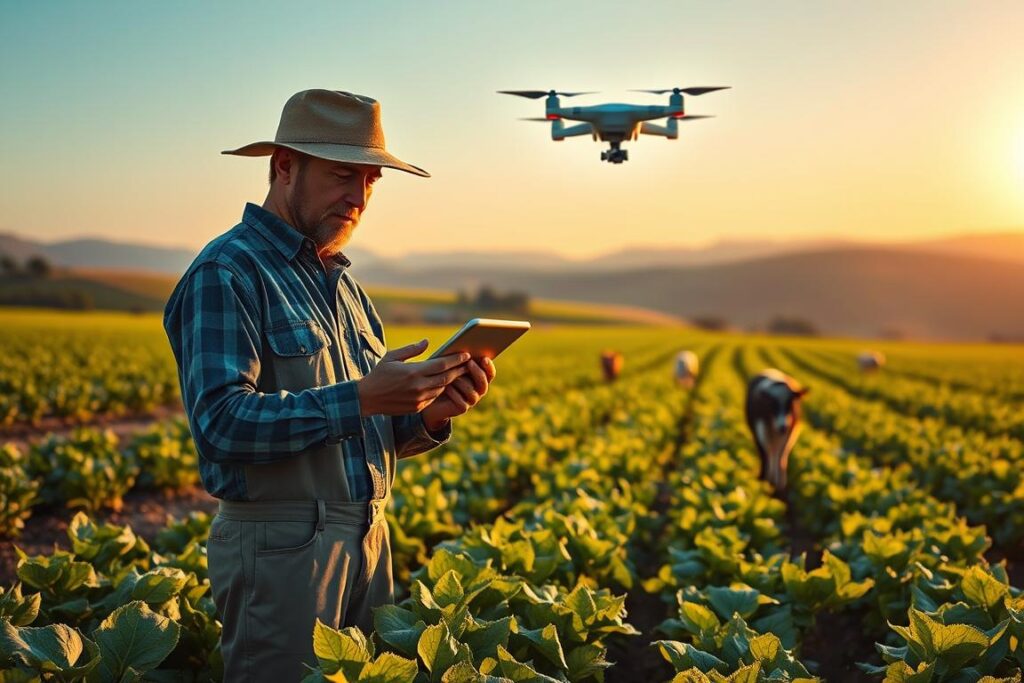 A small, warmly lit farm scene at sunrise, showcasing a diligent small-scale farmer interacting with advanced AI technology. In the foreground, the farmer, dressed in modest work attire, analyzes data on a tablet, surrounded by vibrant crops and a few livestock. The middle ground features smart sensors and drones hovering above the fields, illustrating the integration of AI in agriculture. In the background, a picturesque landscape of rolling hills and a clear blue sky enriches the setting, emphasizing growth and innovation. The atmosphere is uplifting and hopeful, embodying the synergy between traditional farming and modern technology. The image captures the essence of a productive routine, with soft natural lighting creating a serene yet dynamic mood. A small, warmly lit farm scene at sunrise, showcasing a diligent small-scale farmer interacting with advanced AI technology. In the foreground, the farmer, dressed in modest work attire, analyzes data on a tablet, surrounded by vibrant crops and a few livestock. The middle ground features smart sensors and drones hovering above the fields, illustrating the integration of AI in agriculture. In the background, a picturesque landscape of rolling hills and a clear blue sky enriches the setting, emphasizing growth and innovation. The atmosphere is uplifting and hopeful, embodying the synergy between traditional farming and modern technology. The image captures the essence of a productive routine, with soft natural lighting creating a serene yet dynamic mood.