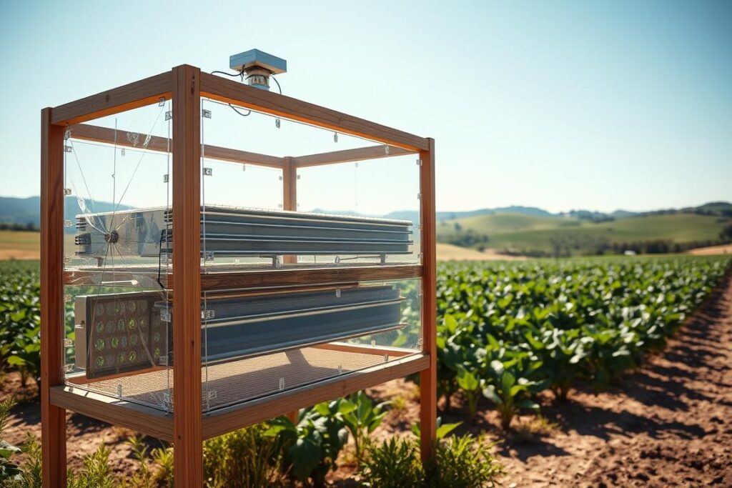 A solar food dehydrator installation, featuring a sturdy wooden frame combined with transparent plastic panels, is set against a picturesque rural landscape. In the foreground, showcase the detailed structure of the dehydrator, highlighting its functional design and inviting aesthetic. The middle ground displays a sunny environment, with vibrant green crops nearby, emphasizing the harmony between agriculture and sustainable practices. The background features gentle hills under a clear blue sky, creating a serene atmosphere. Soft sunlight filters through the plastic panels, casting delicate shadows on the ground. Capture the scene with a warm, inviting tone, using a slightly elevated angle to provide a comprehensive view of the installation in its natural setting, enhancing the concept of efficiency and sustainability in food preservation.