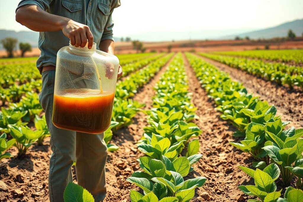 A vibrant agricultural scene depicting the production of liquid biofertilizer enriched with amino acids to protect plants from drought. In the foreground, a farmer in modest casual clothing is carefully mixing components in a large, clear container, showcasing the biofertilizer's rich, earthy color. In the middle ground, rows of thriving crops demonstrate resilience, with healthy green leaves glistening under a warm, golden sunlight. The background features a drought-affected landscape, highlighting the contrast between healthy plants and dry soil, emphasizing the importance of biofertilizers. The lighting is bright and natural, creating a hopeful atmosphere, suggesting the potential of innovative farming techniques. Soft focus on distant hills enhances the depth of the scene.