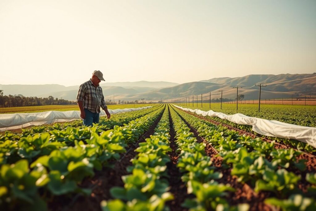 A vibrant agricultural scene illustrating risk management in farming. In the foreground, a farmer in modest casual clothing inspects frost-resistant crops, surrounded by lush green fields. In the middle ground, rows of young plants thrive under protective frost cloths, with irrigation systems visible, demonstrating innovative practices for climate resilience. The background features rolling hills under a bright, clear sky, symbolizing hope and sustainability. Soft, diffuse lighting casts a warm glow over the scene, enhancing the mood of optimism and innovation. The composition captures the essence of building a productive model that withstands climate challenges, inviting viewers to reflect on the importance of agricultural resilience.
