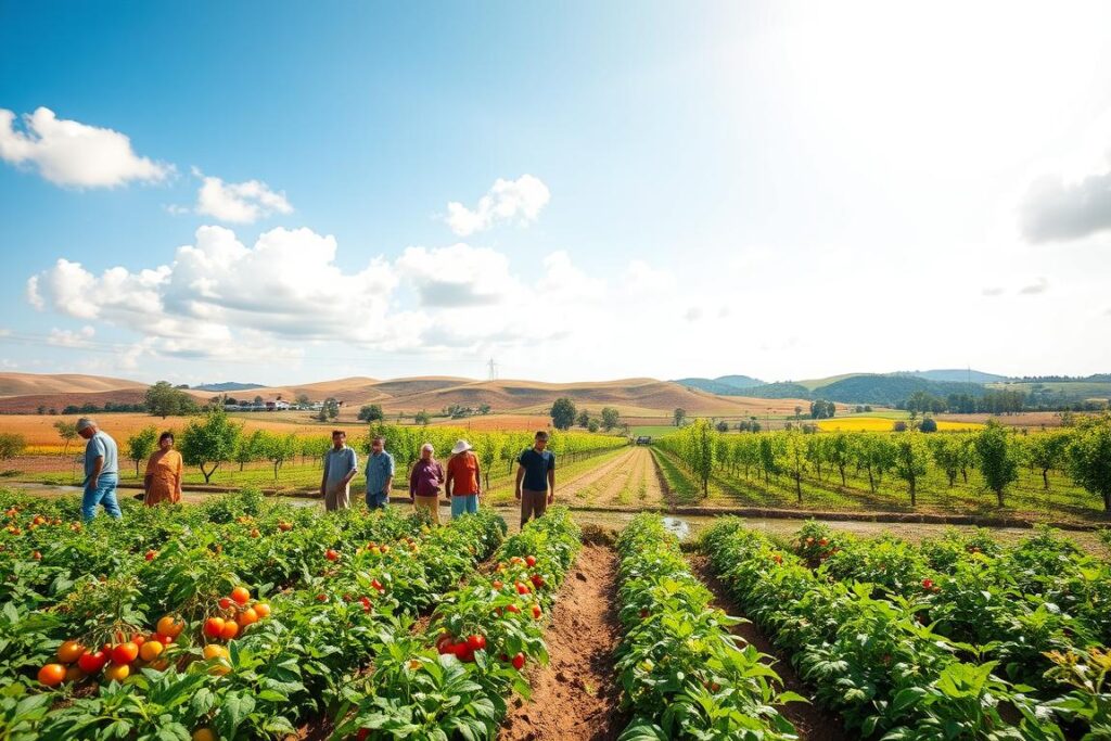A vibrant and thriving rural landscape, illustrating a well-organized small farm on 5 hectares. In the foreground, a healthy vegetable garden brimming with colorful produce like tomatoes and peppers, tended by a diverse group of farmers in modest casual clothing, showcasing teamwork. In the middle ground, a neat orchard with fruit-laden trees, bordered by a clear water source reflecting sunlight, and a few small livestock grazing peacefully. The background features rolling hills under a bright blue sky with fluffy white clouds, symbolizing prosperity and a stress-free environment. Soft, warm natural lighting enhances the scene, creating an inviting atmosphere of abundance and opportunity. A wide-angle perspective captures the essence of sustainable farming that generates high monthly income without debt.