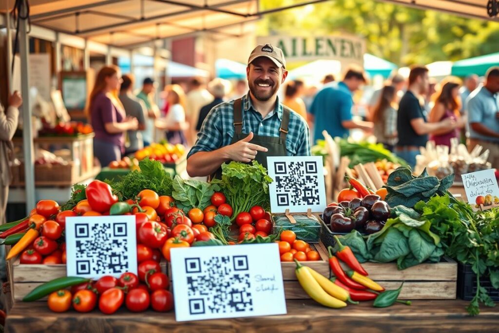 A vibrant farmers' market stall showcasing a unique brand with a prominently displayed QR code. In the foreground, a wooden table filled with fresh, colorful produce such as tomatoes, peppers, and leafy greens, artfully arranged to draw attention. The middle ground features a smiling farmer in professional casual attire, explaining the products with enthusiasm while pointing to the QR code. The background showcases a lively market scene with diverse shoppers and other stalls, bathed in warm afternoon sunlight, creating a welcoming atmosphere. The overall mood conveys innovation and the connection between small producers and their local communities, highlighting the value of storytelling in branding. The image is captured from a slightly elevated angle to encompass the bustling environment and vibrant colors. A vibrant farmers' market stall showcasing a unique brand with a prominently displayed QR code. In the foreground, a wooden table filled with fresh, colorful produce such as tomatoes, peppers, and leafy greens, artfully arranged to draw attention. The middle ground features a smiling farmer in professional casual attire, explaining the products with enthusiasm while pointing to the QR code. The background showcases a lively market scene with diverse shoppers and other stalls, bathed in warm afternoon sunlight, creating a welcoming atmosphere. The overall mood conveys innovation and the connection between small producers and their local communities, highlighting the value of storytelling in branding. The image is captured from a slightly elevated angle to encompass the bustling environment and vibrant colors.