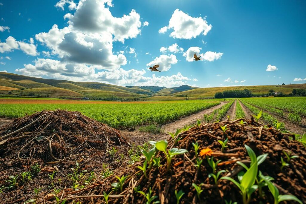 A vibrant rural scene depicting a transformatively neglected area where organic waste and plant debris once lay, now reimagined as a thriving ecosystem. In the foreground, piles of lush compost surrounded by green shoots of new plants and flowers. In the middle ground, clear pathways weave through fields of healthy crops, with birds and beneficial insects buzzing around, symbolizing ecological balance. The background features rolling hills under a bright blue sky, where sunlight filters through fluffy white clouds, casting dynamic shadows. The atmosphere is optimistic and energetic, with a sense of renewal and potential. The composition should be captured from a low angle to emphasize the vibrancy and detail of the foreground elements, showcasing the transition from waste to valuable assets in agricultural practices.