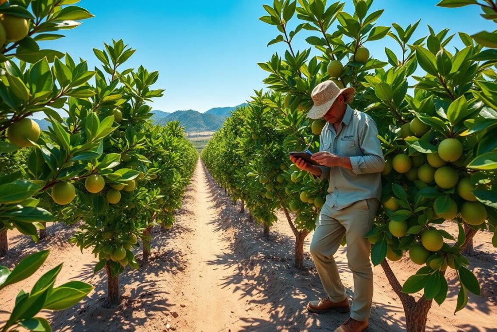 A breathtaking aerial view of a lush, vibrant lemon orchard thriving in sandy soil, showcasing rows of green lime trees heavy with ripe Tahiti limes. In the foreground, a field technician in modest casual clothing examines soil samples, demonstrating proper nutritional management techniques. The trees are adorned with glossy, sunlit leaves sparkling with dew, while the background features distant hills under a bright blue sky. Sunlight casts warm, inviting shadows, creating a sense of productivity and growth. Captivating details of sandy-textured soil can be seen surrounding the roots, highlighting the soil management practices being implemented. The overall mood is optimistic and flourishing, perfect for illustrating sustainable agricultural practices. A breathtaking aerial view of a lush, vibrant lemon orchard thriving in sandy soil, showcasing rows of green lime trees heavy with ripe Tahiti limes. In the foreground, a field technician in modest casual clothing examines soil samples, demonstrating proper nutritional management techniques. The trees are adorned with glossy, sunlit leaves sparkling with dew, while the background features distant hills under a bright blue sky. Sunlight casts warm, inviting shadows, creating a sense of productivity and growth. Captivating details of sandy-textured soil can be seen surrounding the roots, highlighting the soil management practices being implemented. The overall mood is optimistic and flourishing, perfect for illustrating sustainable agricultural practices.