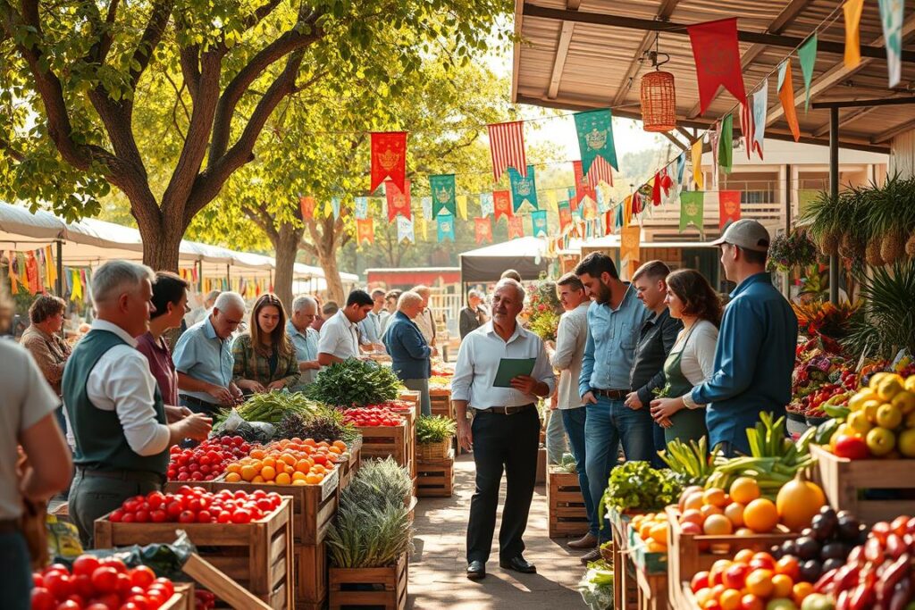 A bustling agricultural market, vibrant with life and color. In the foreground, a diverse group of farmers in professional attire is engaging with customers, showcasing their fresh produce like fruits, vegetables, and flowers. The middle ground features market stalls adorned with rustic wooden crates filled with a variety of seasonal crops, creating a welcoming atmosphere. In the background, sunlit trees provide dappled shade, and colorful banners flutter in a gentle breeze, hinting at a sense of community and growth. The lighting is warm and inviting, highlighting the lively interactions between buyers and sellers. The overall mood is one of optimism and connection, capturing the essence of modern agricultural entrepreneurship and the importance of visibility in the digital age.