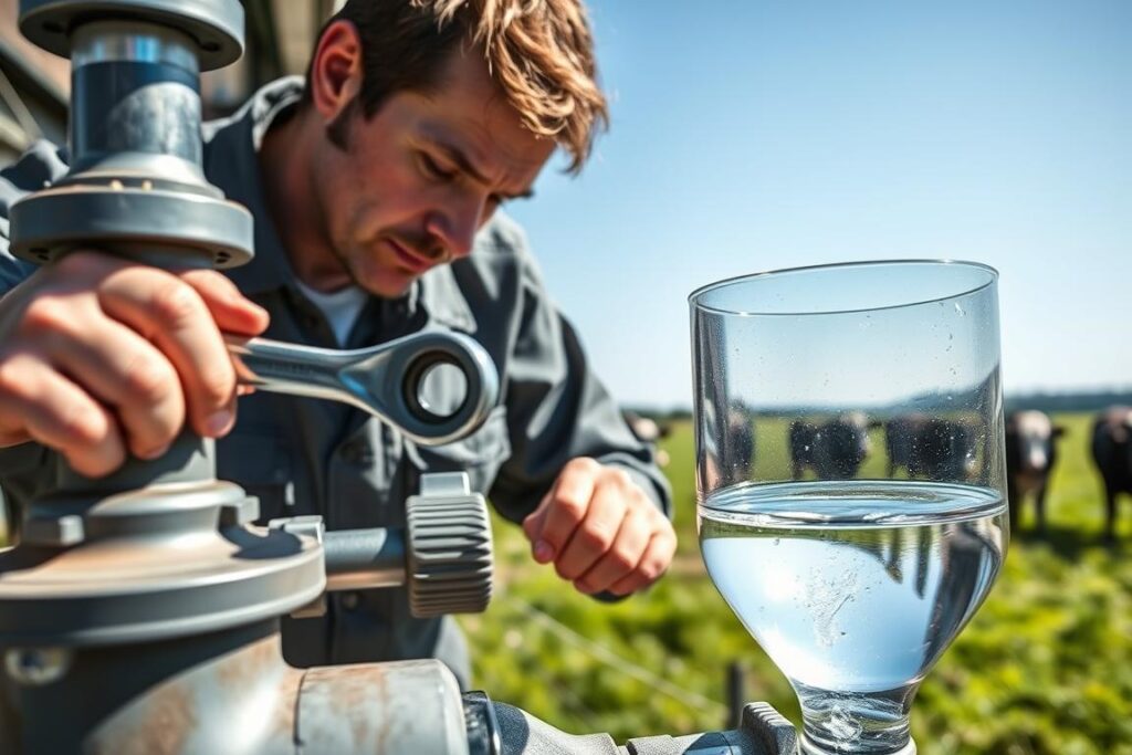 A close-up image of a technician in professional attire performing preventive maintenance on water pumps and drinking troughs for cattle. The technician, a middle-aged man with short brown hair, holds a wrench, inspecting a pump in the foreground. In the middle ground, a shiny, well-maintained water trough is visible, filled with clean water, emphasizing reliability for livestock hydration. The background features a serene outdoor farm setting with green pastures and grazing cows under clear blue skies, conveying a sense of peace and productivity. The lighting is bright and natural, suggesting a sunny day, highlighting the importance of equipment upkeep in enhancing water consumption for cows. The composition should capture a balance of functionality and agricultural beauty. A close-up image of a technician in professional attire performing preventive maintenance on water pumps and drinking troughs for cattle. The technician, a middle-aged man with short brown hair, holds a wrench, inspecting a pump in the foreground. In the middle ground, a shiny, well-maintained water trough is visible, filled with clean water, emphasizing reliability for livestock hydration. The background features a serene outdoor farm setting with green pastures and grazing cows under clear blue skies, conveying a sense of peace and productivity. The lighting is bright and natural, suggesting a sunny day, highlighting the importance of equipment upkeep in enhancing water consumption for cows. The composition should capture a balance of functionality and agricultural beauty.