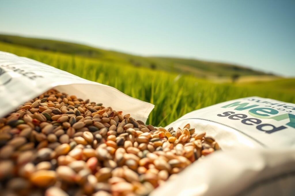 A close-up of a variety of grass seeds, including subtle textures and colors to emphasize their quality and diversity. The foreground showcases a handful of seeds spilling from an open packet, with the packet featuring a logo of a seed company, creating a professional allure. In the middle ground, a clear focus on a vibrant green grass field, thriving and healthy, symbolizes the future growth potential from these seeds. The background captures a sunny landscape, with a clear blue sky and gentle rolling hills, enhancing the agricultural atmosphere. Lighting is natural and warm, showcasing the seeds in a well-lit environment. The overall mood is hopeful and informative, perfect for illustrating advancements in seed technology for livestock production. A close-up of a variety of grass seeds, including subtle textures and colors to emphasize their quality and diversity. The foreground showcases a handful of seeds spilling from an open packet, with the packet featuring a logo of a seed company, creating a professional allure. In the middle ground, a clear focus on a vibrant green grass field, thriving and healthy, symbolizes the future growth potential from these seeds. The background captures a sunny landscape, with a clear blue sky and gentle rolling hills, enhancing the agricultural atmosphere. Lighting is natural and warm, showcasing the seeds in a well-lit environment. The overall mood is hopeful and informative, perfect for illustrating advancements in seed technology for livestock production.