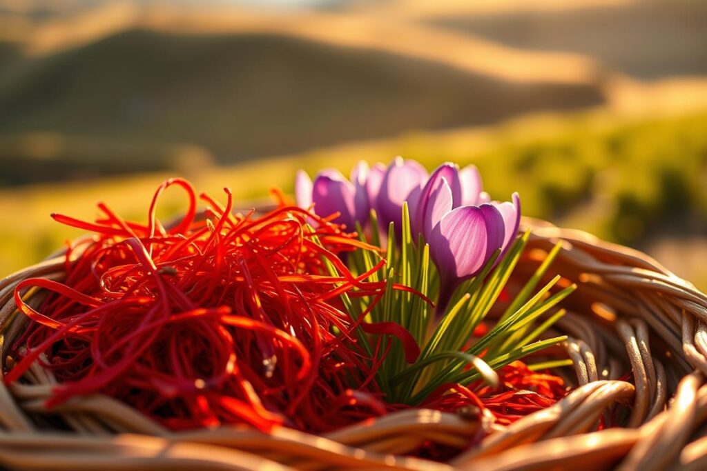 A close-up of true saffron (açafrão verdadeiro), showcasing vibrant red stigmas delicately arranged within a small woven basket. The foreground features the saffron threads glistening under soft, warm sunlight, highlighting their rich, golden-orange hue. In the middle ground, lush green crocus flowers gently bloom, their vibrant purple petals complementing the saffron's striking color. The background features a softly blurred agricultural landscape, hinting at rolling hills or a garden setting bathed in golden hour light. The atmosphere exudes warmth and richness, emphasizing saffron’s prized status in gastronomy, with a depth of field that focuses on the detailed textures of the saffron and petals, inviting appreciation for this culinary treasure.