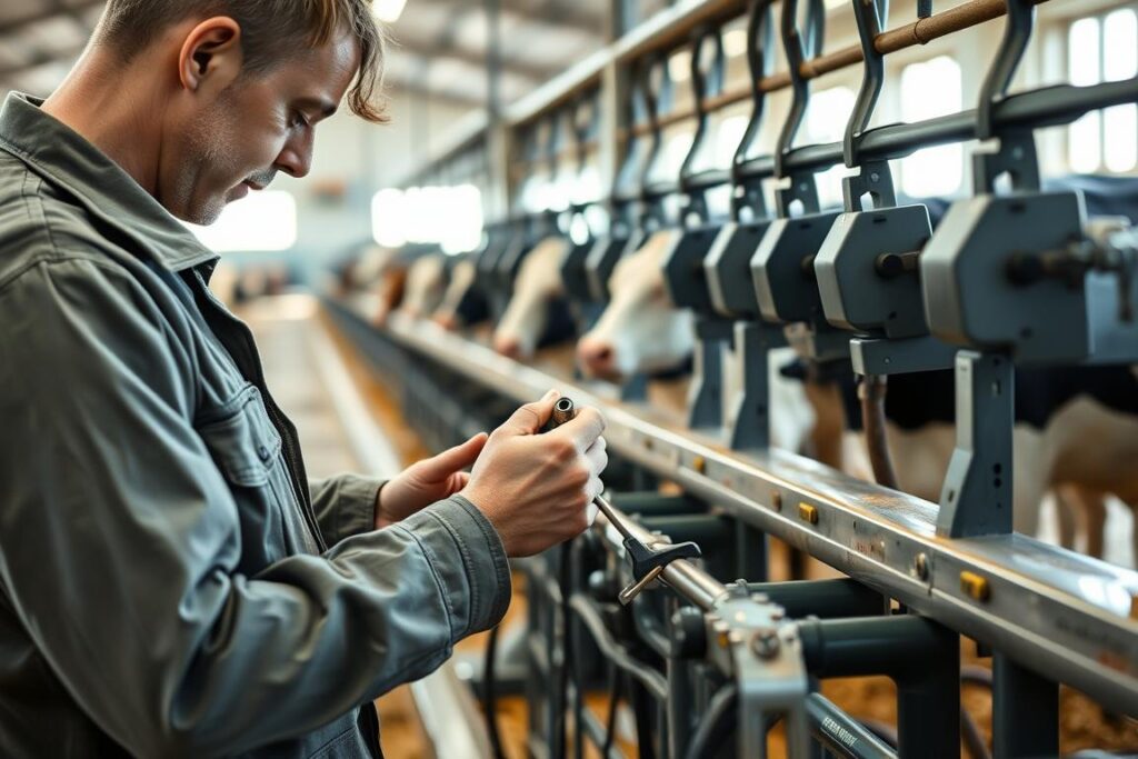 A close-up view of a technician performing preventive maintenance on a milking machine in a clean, well-lit dairy barn. The technician, dressed in modest work attire, carefully inspects the machinery while holding tools. Surround him are organized tools and detailed equipment, emphasizing precision and care. In the background, soft light filters through windows, illuminating a row of dairy cows calmly resting, reflecting a peaceful barn atmosphere. Add depth with a slight focus blur on the cows, while the technician remains sharp in focus, conveying a sense of responsibility and attention to animal health. The overall mood is professional and focused, highlighting the importance of maintenance for animal welfare.