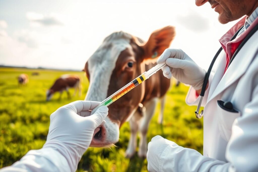 A close-up view of a veterinarian examining a healthy bovine in a sunny pasture. The foreground features the veterinarian wearing a professional lab coat and gloves, focused on administering a deworming treatment to the cow, showcasing a syringe with a vibrant liquid. In the middle ground, healthy grass and a few other cows can be seen grazing, emphasizing the importance of proper vermifugation for herd health. The background captures a bright, clear sky with soft clouds, reflecting a positive and productive atmosphere for livestock management. Soft natural lighting enhances the scene, creating a warm and inviting feel. The overall composition highlights the critical role of selecting the right dewormer in ensuring livestock weight gain, without any text or captions.