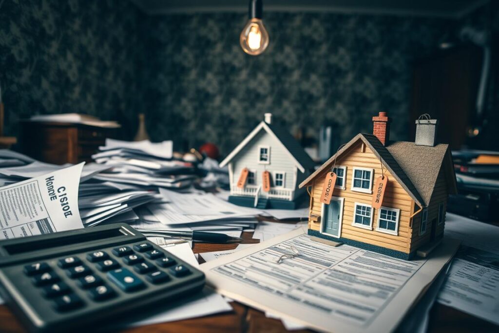 A cluttered desk scene representing hidden costs in homeownership. In the foreground, a worn calculator showing unexpected expenses like repairs and taxes, alongside scattered papers and bills, partially covered by a vintage home inspection report. The middle ground features a small model house, symbolizing potential homeownership, with small price tags dangling from its edges, representing various hidden costs. In the background, a dimly lit room with a faded wallpaper and a flickering overhead light bulb, creating an atmosphere of stress and uncertainty. The color palette is muted, with shadows enhancing the complexity of hidden expenses. This image evokes a sense of caution and awareness about the financial burdens that come with buying a property.
