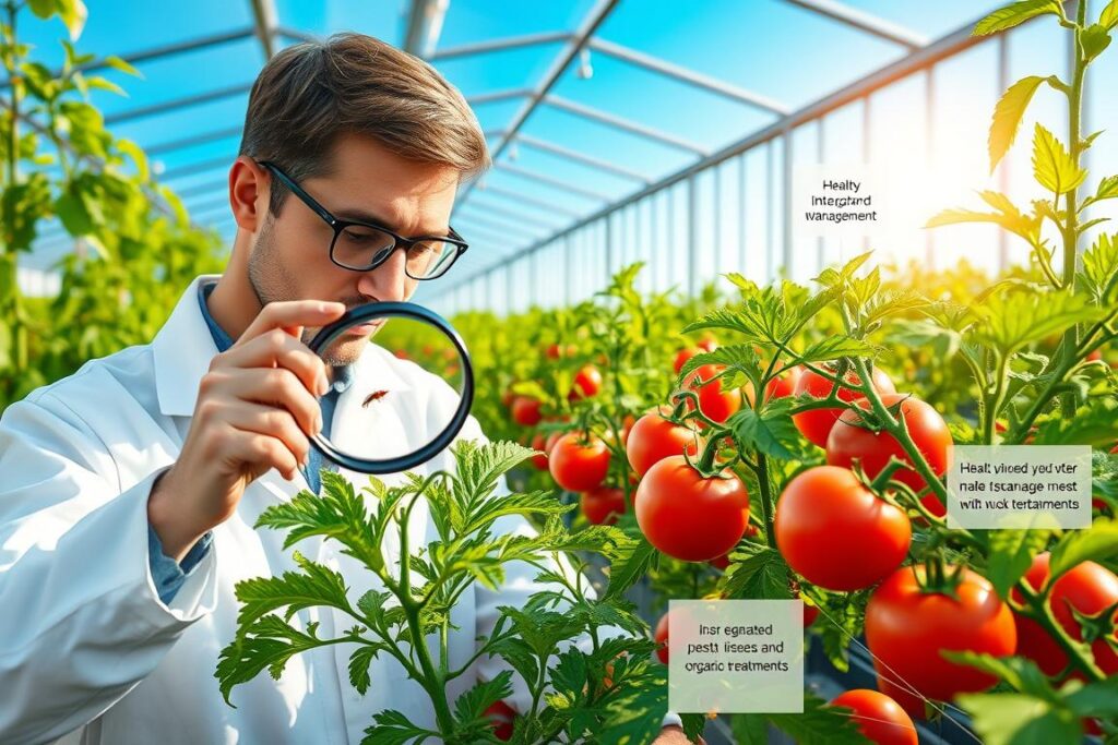 A conceptual illustration showcasing strategies for managing pest resistance in tomato crops, specifically against whiteflies, as emphasized by UPL and Adama. In the foreground, a research scientist in professional attire examines tomato plants with visible signs of whiteflies, utilizing a magnifying glass to analyze pests. The middle ground features healthy tomato plants in a well-maintained greenhouse environment, where integrated pest management techniques are visually represented, such as beneficial insects and organic treatments. The background showcases a bright, sunlit greenhouse with clear blue skies and natural light streaming through glass panels, creating an optimistic and productive atmosphere. The scene emphasizes innovation and collaboration in agriculture, targeting a professional and informative mood. A conceptual illustration showcasing strategies for managing pest resistance in tomato crops, specifically against whiteflies, as emphasized by UPL and Adama. In the foreground, a research scientist in professional attire examines tomato plants with visible signs of whiteflies, utilizing a magnifying glass to analyze pests. The middle ground features healthy tomato plants in a well-maintained greenhouse environment, where integrated pest management techniques are visually represented, such as beneficial insects and organic treatments. The background showcases a bright, sunlit greenhouse with clear blue skies and natural light streaming through glass panels, creating an optimistic and productive atmosphere. The scene emphasizes innovation and collaboration in agriculture, targeting a professional and informative mood.