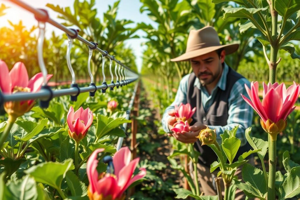 A detailed depiction of an efficient fertirrigation system for pitaya cultivation in a lush orchard. In the foreground, showcase modern drip irrigation lines set among healthy pitaya plants with vibrant pink flowers and developing fruit. The middle ground features a farmer in professional attire demonstrating the fertirrigation setup, inspecting the system with focus and care. In the background, a bright, sunny sky enhances the greenery, with rows of pitaya plants extending into the distance, indicative of a productive farm. Natural light illuminates the scene, creating a warm and inviting atmosphere, while emphasizing the importance of technology in agriculture. The image conveys a sense of vitality and innovation in farming practices. A detailed depiction of an efficient fertirrigation system for pitaya cultivation in a lush orchard. In the foreground, showcase modern drip irrigation lines set among healthy pitaya plants with vibrant pink flowers and developing fruit. The middle ground features a farmer in professional attire demonstrating the fertirrigation setup, inspecting the system with focus and care. In the background, a bright, sunny sky enhances the greenery, with rows of pitaya plants extending into the distance, indicative of a productive farm. Natural light illuminates the scene, creating a warm and inviting atmosphere, while emphasizing the importance of technology in agriculture. The image conveys a sense of vitality and innovation in farming practices.