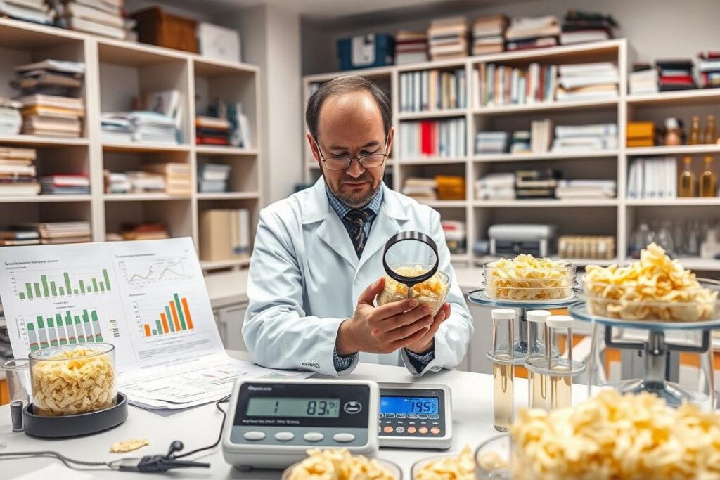 A detailed laboratory scene depicting a bromatological analysis of silage. In the foreground, a professional scientist in a lab coat examines samples of silage with a magnifying glass, surrounded by lab equipment like test tubes and scales. The middle ground features charts and graphs illustrating nutrient content, alongside a digital scale displaying weight measurements. In the background, shelves filled with scientific books and equipment enhance the academic atmosphere. The lighting is bright and clinical, creating a focused and analytical mood. The camera angle is slightly elevated, providing a comprehensive view of the workspace, capturing the essence of research and management in dairy production.