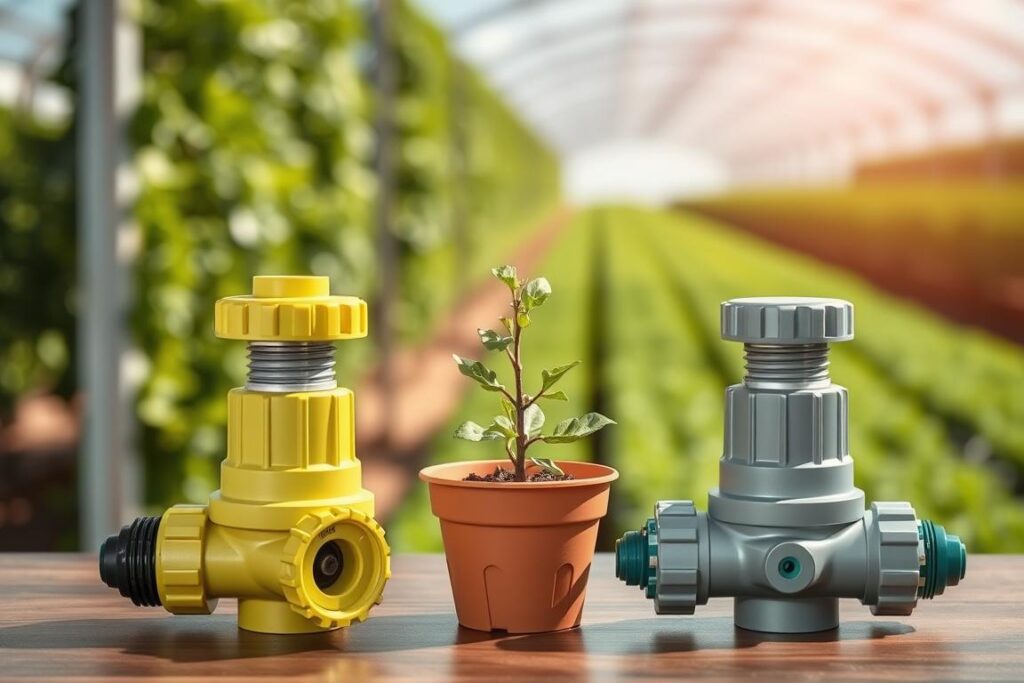 A detailed side-by-side comparison of two irrigation systems: the Netafim and Rivulis, displayed on a tabletop. In the foreground, vibrant, close-up images of the two distinct drip irrigation components, showcasing their unique features and design. In the middle ground, a small potted vegetable plant, symbolizing a commercial garden, is placed next to the components, conveying their purpose. The background features a blurred garden scene under natural daylight, with rows of green crops stretching into the distance. The atmosphere is professional and informative, with a focus on clarity and detail. Use soft lighting to highlight the textures of the irrigation parts, and a slight depth of field to emphasize the comparison without distractions. A detailed side-by-side comparison of two irrigation systems: the Netafim and Rivulis, displayed on a tabletop. In the foreground, vibrant, close-up images of the two distinct drip irrigation components, showcasing their unique features and design. In the middle ground, a small potted vegetable plant, symbolizing a commercial garden, is placed next to the components, conveying their purpose. The background features a blurred garden scene under natural daylight, with rows of green crops stretching into the distance. The atmosphere is professional and informative, with a focus on clarity and detail. Use soft lighting to highlight the textures of the irrigation parts, and a slight depth of field to emphasize the comparison without distractions.