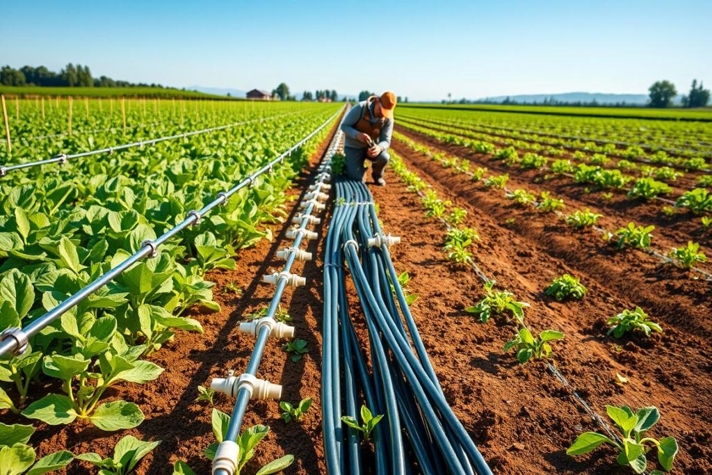 A detailed view of a drip irrigation setup in a commercial vegetable garden, highlighting the step-by-step assembly of drip lines. In the foreground, several rows of neatly arranged drip hoses with emitters, surrounded by fresh green plants and vegetables, showing healthy growth. In the middle ground, a gardener in professional attire carefully connecting the hoses, equipped with tools and accessories, demonstrating the installation process. In the background, a clear blue sky and the vastness of the one-hectare garden, showcasing neatly maintained rows. The lighting is warm and natural, emphasizing the vibrancy of the garden and the clarity of the components. The image conveys an atmosphere of productivity and care for agricultural practices. A detailed view of a drip irrigation setup in a commercial vegetable garden, highlighting the step-by-step assembly of drip lines. In the foreground, several rows of neatly arranged drip hoses with emitters, surrounded by fresh green plants and vegetables, showing healthy growth. In the middle ground, a gardener in professional attire carefully connecting the hoses, equipped with tools and accessories, demonstrating the installation process. In the background, a clear blue sky and the vastness of the one-hectare garden, showcasing neatly maintained rows. The lighting is warm and natural, emphasizing the vibrancy of the garden and the clarity of the components. The image conveys an atmosphere of productivity and care for agricultural practices.