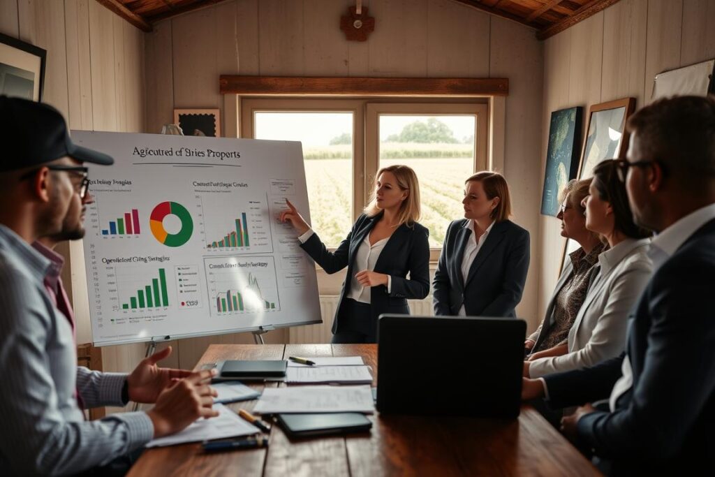 A focused business meeting in a small agricultural office, featuring a diverse group of individuals in professional business attire analyzing charts on a large whiteboard. In the foreground, a confident woman gestures towards a pie chart illustrating operational costs, surrounded by various graphs depicting immediate cost-cutting strategies. In the middle, a rustic wooden table is cluttered with papers, pens, and a laptop displaying financial software. The background showcases a large window with natural light streaming in, illuminating a green landscape outside, symbolizing growth and potential. The atmosphere is collaborative and determined, with soft, warm lighting that conveys a sense of urgency and hope for improvement in the property’s financial health. A focused business meeting in a small agricultural office, featuring a diverse group of individuals in professional business attire analyzing charts on a large whiteboard. In the foreground, a confident woman gestures towards a pie chart illustrating operational costs, surrounded by various graphs depicting immediate cost-cutting strategies. In the middle, a rustic wooden table is cluttered with papers, pens, and a laptop displaying financial software. The background showcases a large window with natural light streaming in, illuminating a green landscape outside, symbolizing growth and potential. The atmosphere is collaborative and determined, with soft, warm lighting that conveys a sense of urgency and hope for improvement in the property’s financial health.