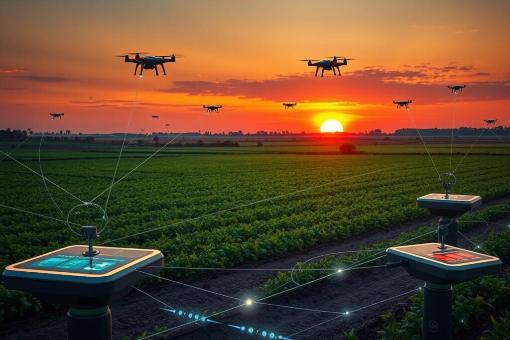 A futuristic agricultural landscape featuring advanced connectivity systems and intermediary stations. In the foreground, sleek, modern stations with glowing interfaces and solar panels are interconnected by transparent communication lines. The middle ground showcases lush, green fields dotted with smart sensors and drones flying overhead, symbolizing high-tech farming. In the background, a vibrant sunset casts warm light over the horizon, enhancing the overall atmosphere of innovation and progress. The scene is viewed from a slightly elevated angle, capturing the expansive rural setting. The lighting is soft yet dynamic, highlighting the harmony between technology and nature, evoking a mood of optimism and pioneering spirit in agriculture. A futuristic agricultural landscape featuring advanced connectivity systems and intermediary stations. In the foreground, sleek, modern stations with glowing interfaces and solar panels are interconnected by transparent communication lines. The middle ground showcases lush, green fields dotted with smart sensors and drones flying overhead, symbolizing high-tech farming. In the background, a vibrant sunset casts warm light over the horizon, enhancing the overall atmosphere of innovation and progress. The scene is viewed from a slightly elevated angle, capturing the expansive rural setting. The lighting is soft yet dynamic, highlighting the harmony between technology and nature, evoking a mood of optimism and pioneering spirit in agriculture.
