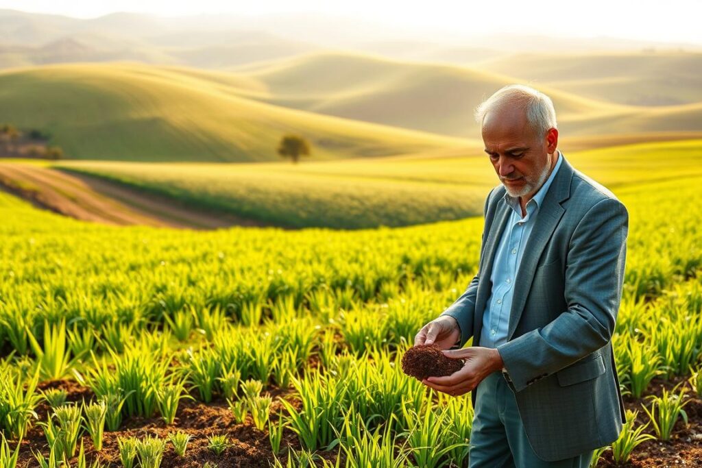 A lush agricultural landscape featuring vibrant pasture fields with diverse greenery, symbolizing effective nutritional technologies from Fertipar and Eurochem. In the foreground, a farmer in professional business attire inspects a sample of rich soil while holding a Fertipar or Eurochem product—highlighting innovation in crop nutrition. The middle ground showcases extensive fields of healthy grass, illustrating optimal growth conditions with bright green hues. In the background, rolling hills bathed in warm, golden sunlight create a serene atmosphere, emphasizing the connection between nature and technology. Soft, natural lighting enhances the scene, casting gentle shadows and highlighting the farmer's focused expression. The overall mood conveys a sense of hope and progress in agricultural practices that enhance pasture growth. A lush agricultural landscape featuring vibrant pasture fields with diverse greenery, symbolizing effective nutritional technologies from Fertipar and Eurochem. In the foreground, a farmer in professional business attire inspects a sample of rich soil while holding a Fertipar or Eurochem product—highlighting innovation in crop nutrition. The middle ground showcases extensive fields of healthy grass, illustrating optimal growth conditions with bright green hues. In the background, rolling hills bathed in warm, golden sunlight create a serene atmosphere, emphasizing the connection between nature and technology. Soft, natural lighting enhances the scene, casting gentle shadows and highlighting the farmer's focused expression. The overall mood conveys a sense of hope and progress in agricultural practices that enhance pasture growth.