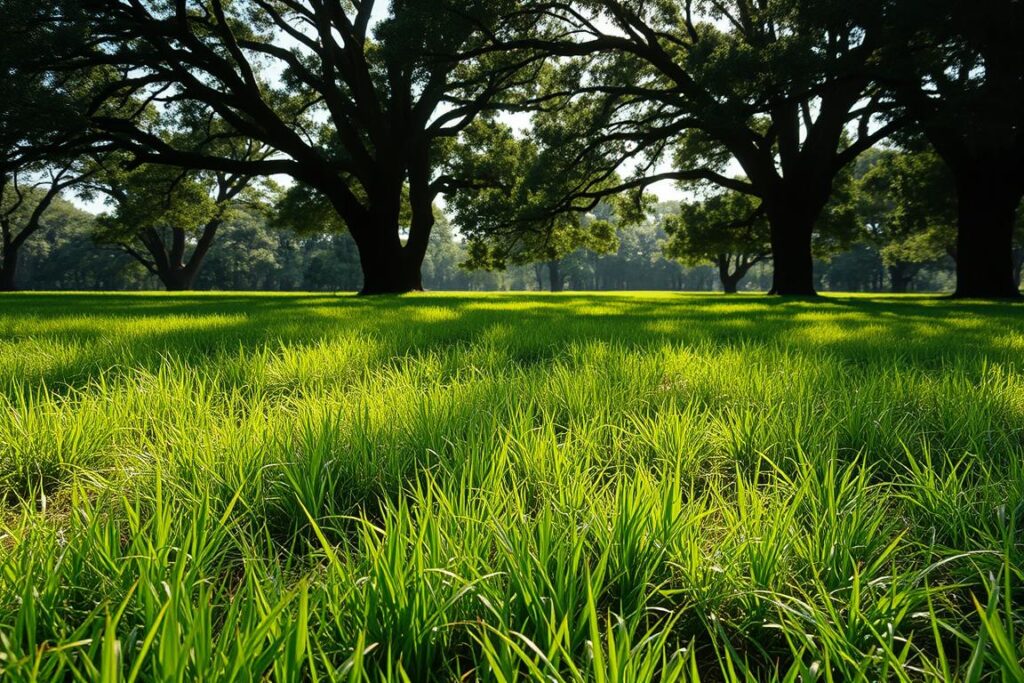 A lush green pasture predominantly consisting of capim (grass), shadowed under the dense canopy of taller trees creating an impression of excessive shade. In the foreground, vibrant green grass struggles to thrive, with some patches appearing wilting and less healthy. In the middle ground, the dappled sunlight filters through the tree branches, casting intricate shadows on the ground, highlighting the competition for light. The background features a blurry silhouette of more trees, enhancing the sense of depth and isolation. The ambiance is serene yet slightly oppressive, emphasizing the challenges faced by the grass in such conditions. The scene is captured from a low angle, focusing on the grass while including the towering trees above, under a soft, diffused daylight that evokes a calm yet somber atmosphere. A lush green pasture predominantly consisting of capim (grass), shadowed under the dense canopy of taller trees creating an impression of excessive shade. In the foreground, vibrant green grass struggles to thrive, with some patches appearing wilting and less healthy. In the middle ground, the dappled sunlight filters through the tree branches, casting intricate shadows on the ground, highlighting the competition for light. The background features a blurry silhouette of more trees, enhancing the sense of depth and isolation. The ambiance is serene yet slightly oppressive, emphasizing the challenges faced by the grass in such conditions. The scene is captured from a low angle, focusing on the grass while including the towering trees above, under a soft, diffused daylight that evokes a calm yet somber atmosphere.