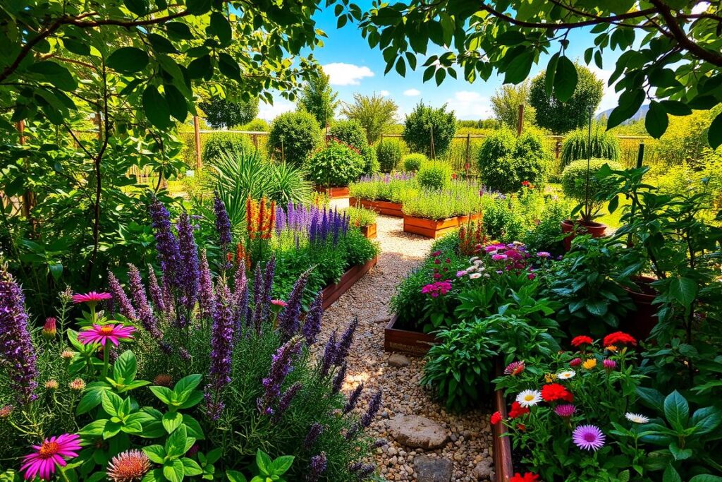 A lush, vibrant sensory garden filled with aromatic, medicinal, and edible plants. In the foreground, a variety of herbs, such as basil, mint, and rosemary, are intermingled with colorful flowers like lavender and chamomile, showcasing their textures and vivid colors. The middle ground features a small, meandering path inviting exploration, with raised beds bursting with greenery and colorful edible plants, such as tomatoes and peppers, creating a lively atmosphere. In the background, a sunlit blue sky peeks through leafy branches, casting soft, warm lighting across the scene, highlighting the diversity of plant species. The overall mood is inviting and serene, perfect for stimulating the senses.