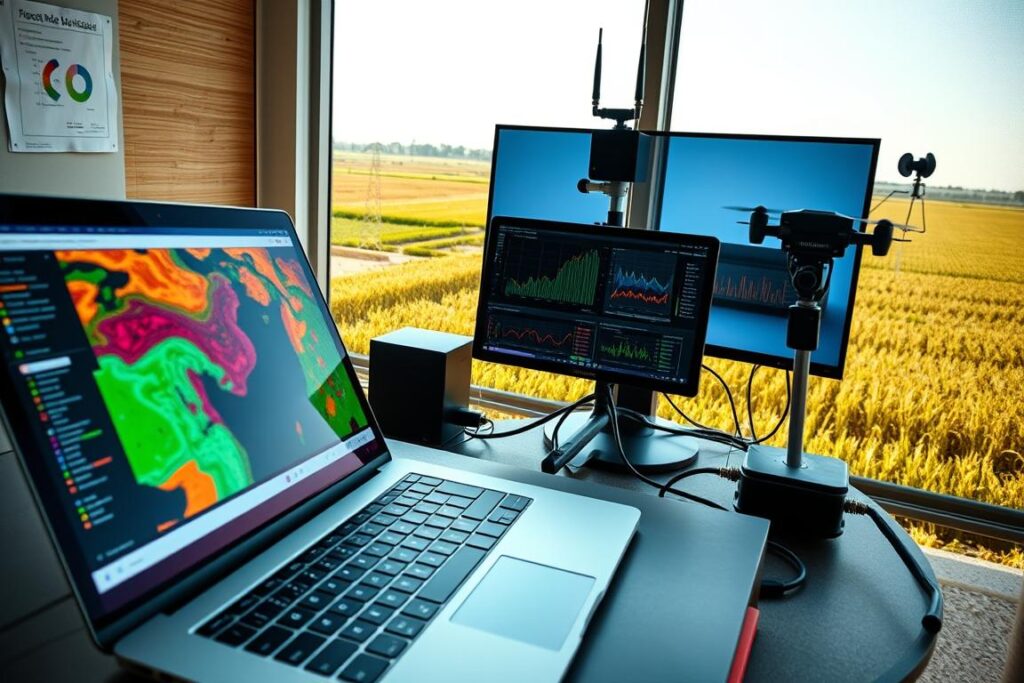 A modern agricultural data processing workspace featuring software interfaces for agricultural management and RTK stations. In the foreground, a sleek laptop displaying sophisticated mapping software with colorful data visualizations and live drone feed. The middle ground includes a high-resolution screen showing agricultural analytics and charts, with a stylish RTK station setup featuring antennas and receivers. In the background, a subtle view of a small rural property, with fields and crops under soft natural lighting. The atmosphere is professional and tech-savvy, reflecting innovation in agricultural technology. Use a wide angle to capture the full scene, ensuring the lighting is bright yet warm, emphasizing a productive and efficient workspace.