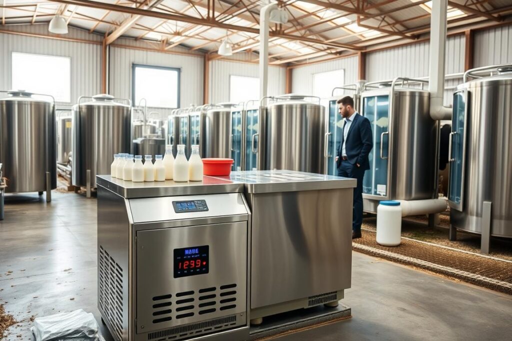A modern dairy farm scene showcasing various milk cooling tanks and refrigeration technologies in use. In the foreground, highlight a sleek, stainless steel milk cooler with digital controls, surrounded by colorful dairy products. The middle ground features different tank sizes and models, some with transparent sections displaying chilled milk inside, while an employee in business attire inspects the equipment. In the background, a well-maintained dairy barn with bright daylight streaming through large windows, illuminating the scene. The composition should have a clean, professional atmosphere, emphasizing efficiency and innovation in dairy refrigeration technology. Set the angle to a slight low perspective to enhance depth and focus on the cooling systems, while maintaining clarity and detail throughout.