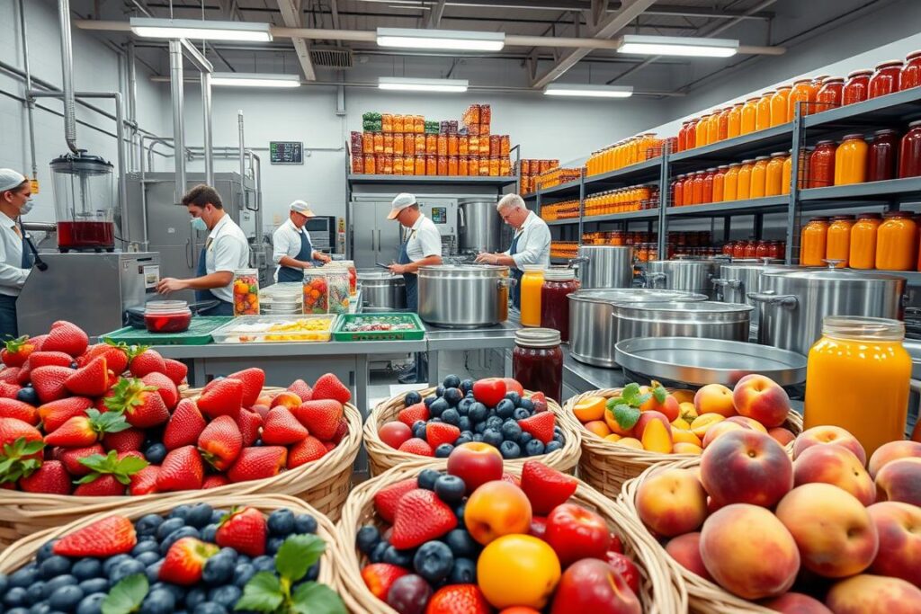 A modern fruit processing facility dedicated to producing jams and preserves. In the foreground, display a variety of fresh, vibrant fruits like strawberries, blueberries, and peaches, neatly arranged in baskets. The middle ground should depict professional workers in modest casual clothing, diligently operating equipment such as blenders, jars, and sealing machines. Bright overhead lighting highlights their focused expressions. In the background, showcase large industrial cooking pots and shelves filled with finished jars of colorful preserves, emphasizing organization and cleanliness. Capture this scene from a slightly elevated angle to provide a comprehensive view of the workflow. The atmosphere should feel industrious yet welcoming, conveying the essence of good manufacturing practices in a thriving agro-industrial environment.