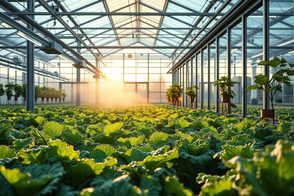 A modern greenhouse interior showcasing advanced climate optimization techniques for vegetable production. In the foreground, a variety of vibrant green leafy vegetables like lettuce and kale thrive under adjustable LED grow lights. The middle ground features automated humidity control systems, including humidifiers and sensors, delicately misting the air, creating a lush atmosphere. In the background, large glass panels collect sunlight, illuminating the space with warm, natural light, enhancing the plants' colors and textures. The scene conveys a sense of innovation, with hints of technology seamlessly integrated into agricultural practices. Soft shadows and warm highlights create an inviting and productive mood, emphasizing the importance of climate management in sustainable farming.