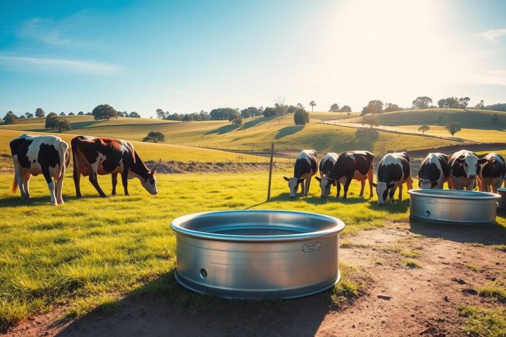 A picturesque farm setting featuring strategically placed water troughs for cattle. In the foreground, a well-maintained dirt path leads to a modern, galvanized metal water trough, surrounded by lush green grass. In the middle ground, several Holstein cows are calmly drinking, showcasing their relaxed behavior in the sun. The background displays rolling hills dotted with trees under a clear blue sky, with soft, warm sunlight illuminating the scene, creating a cheerful and inviting atmosphere. The camera angle is slightly elevated, capturing the arrangement of troughs at optimal distances to enhance accessibility for the cattle. Emphasize a serene and productive environment, perfect for milk production recovery. Ensure no text or branding is included in the image. A picturesque farm setting featuring strategically placed water troughs for cattle. In the foreground, a well-maintained dirt path leads to a modern, galvanized metal water trough, surrounded by lush green grass. In the middle ground, several Holstein cows are calmly drinking, showcasing their relaxed behavior in the sun. The background displays rolling hills dotted with trees under a clear blue sky, with soft, warm sunlight illuminating the scene, creating a cheerful and inviting atmosphere. The camera angle is slightly elevated, capturing the arrangement of troughs at optimal distances to enhance accessibility for the cattle. Emphasize a serene and productive environment, perfect for milk production recovery. Ensure no text or branding is included in the image.