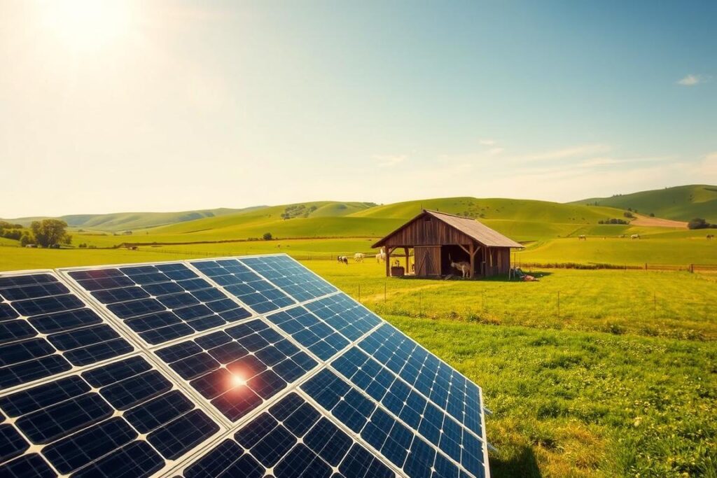 A picturesque landscape featuring a small dairy farm that utilizes solar energy. In the foreground, a modern solar panel array glimmers under the bright sun, showcasing the technology's role in sustainable farming. In the middle ground, a rustic barn with cows grazing peacefully, illustrating the connection between agriculture and renewable energy. Lush green fields stretch into the background, with rolling hills and a clear blue sky enhancing the serene atmosphere. The lighting is warm and inviting, highlighting the potential benefits of both on-grid and off-grid solar systems. Capture this scene from a slightly elevated angle to provide a comprehensive view, evoking a sense of harmony between the farm and its solar energy solutions. The overall mood is optimistic, representing the future of dairy farming with renewable energy.