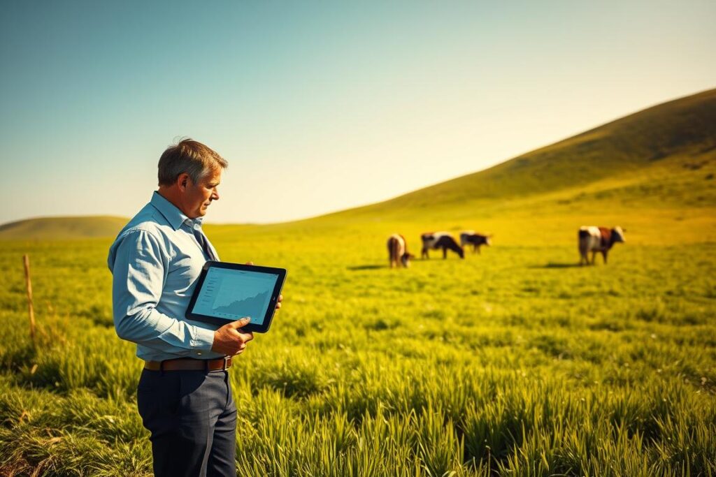 A picturesque rural landscape showcasing dairy farm productivity monitoring across a 5-hectare plot. In the foreground, a professional agronomist in business attire inspects a digital tablet displaying data on milk production per hectare, standing amidst lush green pastures. In the middle ground, healthy, high-quality grass native to dairy production sprawls across the land, punctuated by contented cows grazing. The background features gentle rolling hills under a clear blue sky, bathed in warm sunlight, enhancing the productivity vibe. The lighting casts soft shadows, creating a serene and optimistic atmosphere, emphasizing the importance of efficient land use for dairy farming. Shot from a slightly elevated angle to capture the expanse of the pasture and the expert's interaction with the land. A picturesque rural landscape showcasing dairy farm productivity monitoring across a 5-hectare plot. In the foreground, a professional agronomist in business attire inspects a digital tablet displaying data on milk production per hectare, standing amidst lush green pastures. In the middle ground, healthy, high-quality grass native to dairy production sprawls across the land, punctuated by contented cows grazing. The background features gentle rolling hills under a clear blue sky, bathed in warm sunlight, enhancing the productivity vibe. The lighting casts soft shadows, creating a serene and optimistic atmosphere, emphasizing the importance of efficient land use for dairy farming. Shot from a slightly elevated angle to capture the expanse of the pasture and the expert's interaction with the land.