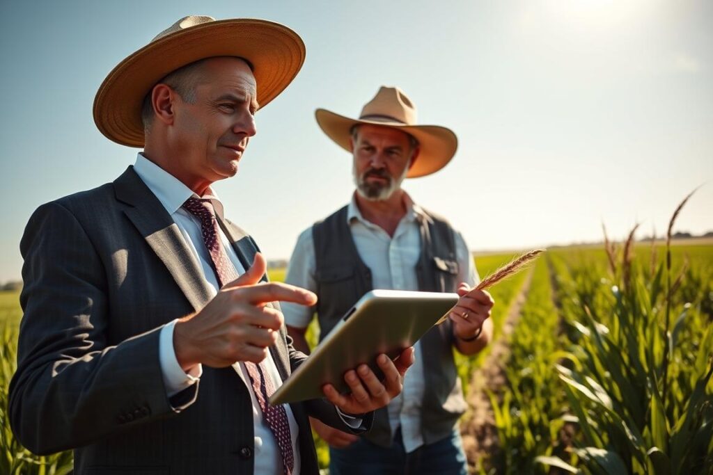 A professional agricultural advisor in formal business attire is attentively discussing with a farmer in a sunlit rural setting. In the foreground, the advisor is gesturing toward a tablet showing agricultural data, symbolizing post-sale support and technical follow-ups. The farmer, appearing engaged and thoughtful, is holding a crop sample in the other hand, representing trust in the advisor's expertise. In the background, lush green fields and a clear blue sky evoke a sense of growth and prosperity. The lighting is warm and inviting, creating an atmosphere of collaboration and confidence. The camera angle is slightly above eye level to capture both subjects clearly, emphasizing the interaction and the importance of ongoing relationship building in rural sales. A professional agricultural advisor in formal business attire is attentively discussing with a farmer in a sunlit rural setting. In the foreground, the advisor is gesturing toward a tablet showing agricultural data, symbolizing post-sale support and technical follow-ups. The farmer, appearing engaged and thoughtful, is holding a crop sample in the other hand, representing trust in the advisor's expertise. In the background, lush green fields and a clear blue sky evoke a sense of growth and prosperity. The lighting is warm and inviting, creating an atmosphere of collaboration and confidence. The camera angle is slightly above eye level to capture both subjects clearly, emphasizing the interaction and the importance of ongoing relationship building in rural sales.