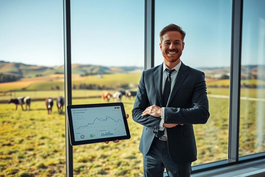 A professional agricultural manager in business attire standing confidently in a modern office with a view of extensive farmland. In the foreground, a smart tablet displaying graphs and data related to livestock management. The middle ground features a large window revealing a well-organized pasture with cows grazing in the field, symbolizing intensive versus extensive farming. In the background, rolling hills under a clear blue sky, emphasizing the scale of operations. Soft, natural lighting illuminates the scene, creating an optimistic atmosphere. A wide-angle view captures the harmony between technology and agriculture, highlighting effective management and the role of the producer's profile in business success.