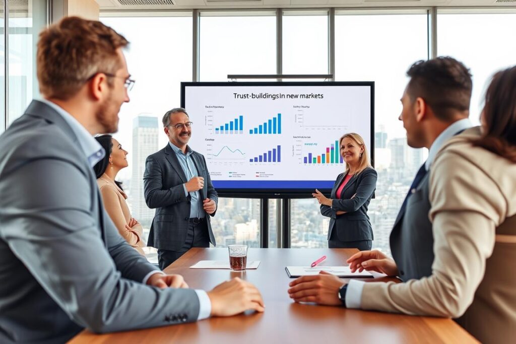 A professional business meeting scene set in a modern, well-lit conference room. In the foreground, a diverse group of three people—two men and one woman—are engaged in a dynamic discussion. They are dressed in smart, professional attire, displaying confident body language. The middle layer features a large presentation screen displaying graphs and charts about sales strategies, emphasizing trust-building in new markets. In the background, large windows reveal a city skyline, indicating a thriving business environment. The lighting is bright and natural, creating an optimistic atmosphere. The angle captures the interaction from a slight side view, enhancing the sense of collaboration and engagement, while maintaining a clean and unobtrusive setting. A professional business meeting scene set in a modern, well-lit conference room. In the foreground, a diverse group of three people—two men and one woman—are engaged in a dynamic discussion. They are dressed in smart, professional attire, displaying confident body language. The middle layer features a large presentation screen displaying graphs and charts about sales strategies, emphasizing trust-building in new markets. In the background, large windows reveal a city skyline, indicating a thriving business environment. The lighting is bright and natural, creating an optimistic atmosphere. The angle captures the interaction from a slight side view, enhancing the sense of collaboration and engagement, while maintaining a clean and unobtrusive setting.