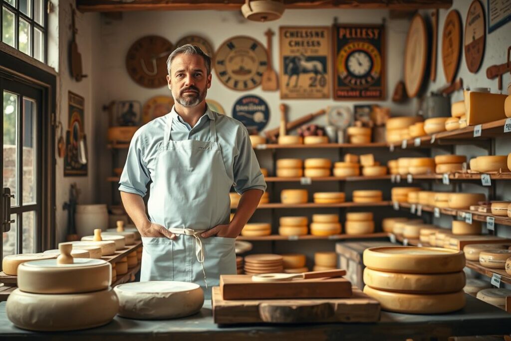 A professional male cheesemaker standing in a well-lit, rustic cheese workshop. He is wearing a white apron over casual business attire, showcasing traditional cheesemaking tools such as molds, cheese wheels, and a wooden cutting board in the foreground. The middle ground features shelves filled with various artisanal cheeses, neatly labeled, accentuating the product variety. In the background, the workshop's walls are adorned with vintage cheese-related posters and tools, creating an inviting atmosphere. Natural light streams in through large windows, illuminating the cheese and enhancing the warm, artisanal feel of the environment. The mood is focused and inspiring, perfect for conveying strategies for market positioning in artisanal cheese sales. A professional male cheesemaker standing in a well-lit, rustic cheese workshop. He is wearing a white apron over casual business attire, showcasing traditional cheesemaking tools such as molds, cheese wheels, and a wooden cutting board in the foreground. The middle ground features shelves filled with various artisanal cheeses, neatly labeled, accentuating the product variety. In the background, the workshop's walls are adorned with vintage cheese-related posters and tools, creating an inviting atmosphere. Natural light streams in through large windows, illuminating the cheese and enhancing the warm, artisanal feel of the environment. The mood is focused and inspiring, perfect for conveying strategies for market positioning in artisanal cheese sales.