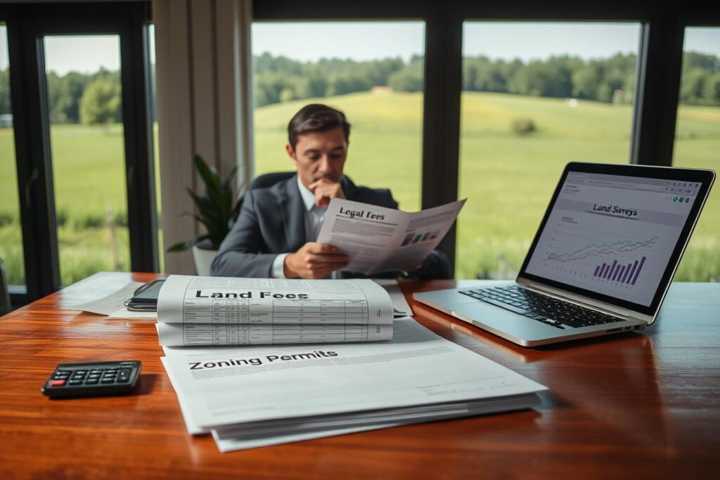 A professional, serene office setting highlighting the theme of rural property regularization costs. In the foreground, a stack of documents labeled 