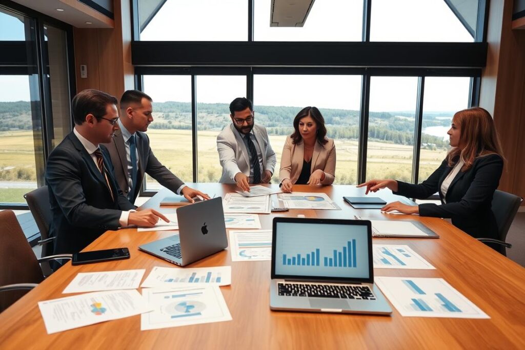 A professional setting focused on succession planning, featuring a well-lit conference room with a large wooden table at the center. In the foreground, a diverse group of three individuals dressed in smart business attire—two men and one woman—are engaged in a discussion, pointing at documents and charts that illustrate legal and accounting tools for succession planning. The middle ground displays an array of organized paperwork and a laptop open to financial charts. In the background, large windows let in natural light, showcasing a serene landscape outside, emphasizing a sense of calm and professionalism. The atmosphere is collaborative and focused, capturing the essence of strategic planning and foresight.