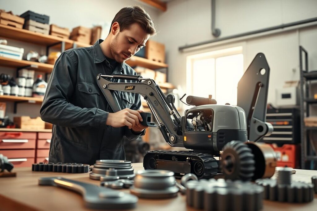 A professional technician in a modest casual outfit is inspecting a compact mini excavator in a well-lit garage. The foreground features tools and spare parts neatly arranged on a workbench, emphasizing maintenance aspects. In the middle ground, the mini excavator is prominently displayed, showcasing its intricate components and engine. The background includes shelves filled with maintenance supplies and a window allowing natural light to flood the scene, creating a warm and industrious atmosphere. The image is captured from a low angle to highlight both the technician's focused expression and the machinery's detailed features, reflecting a sense of diligence and professionalism in equipment upkeep.