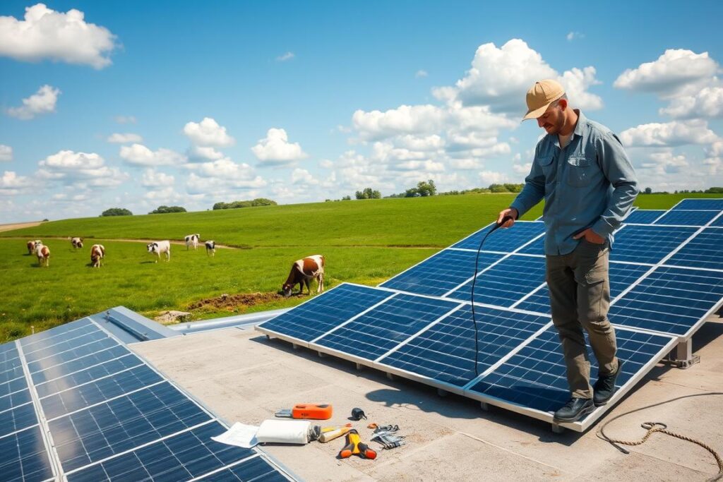 A professional technician in modest casual clothing performs maintenance on a solar photovoltaic system, focusing on cleaning and inspecting solar panels. In the foreground, tools and a maintenance checklist are visible on the ground. The technician is standing on a flat roof, with solar panels laid out in an organized grid pattern behind them. In the middle ground, lush green fields with grazing cows suggest a dairy farm setting, while a blue sky dotted with fluffy white clouds creates a serene atmosphere. The lighting is bright and natural, highlighting the reflective surfaces of the solar panels. The shot is taken from a slightly elevated angle, capturing the interaction between the technician and the solar setup, emphasizing the theme of sustainability and care in energy generation.