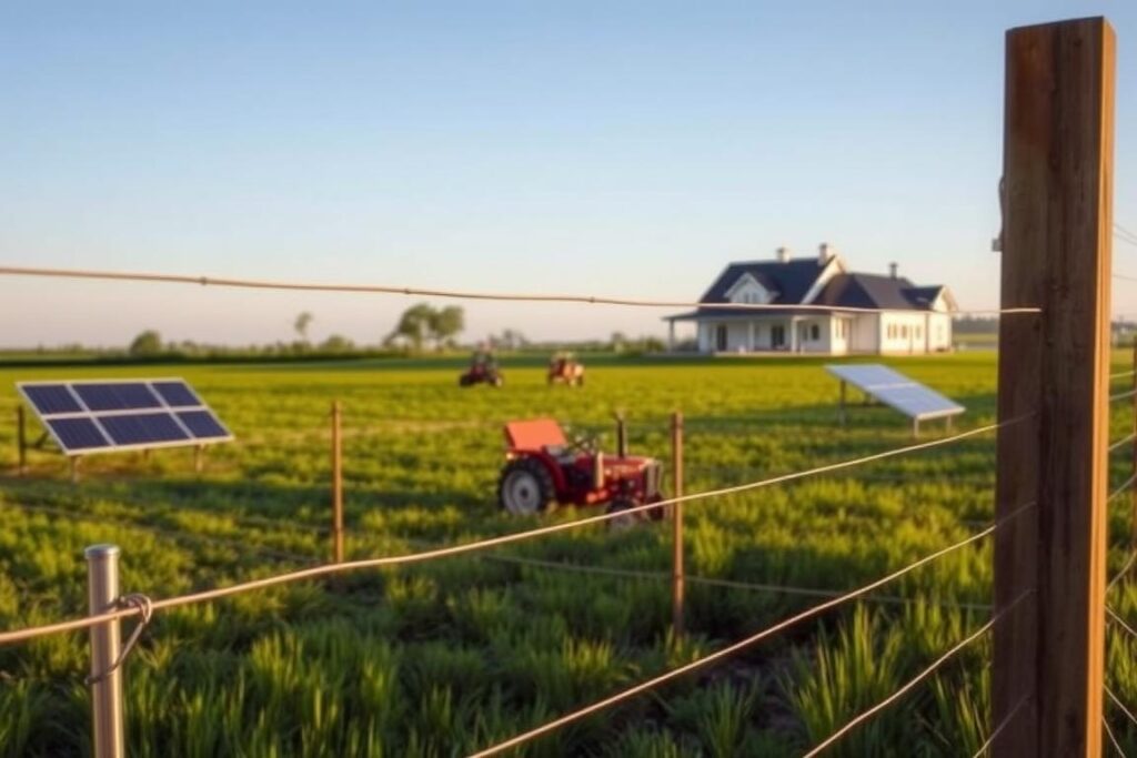 A rural landscape showcasing an effective security system combining electric fences and safety measures. In the foreground, a sturdy electric fence glimmers under soft sunlight, with visible warning signs indicating its presence. The middle ground features solar panels supplying power to the electric fence, surrounded by lush green fields and farm equipment. In the background, a modern farmhouse stands confidently against a clear blue sky. The atmosphere is serene yet secure, communicating a sense of safety and technology integrated into rural life. The lighting is warm, with shadows cast by the late afternoon sun, and the image is captured from a slightly elevated angle to encompass all elements harmoniously.